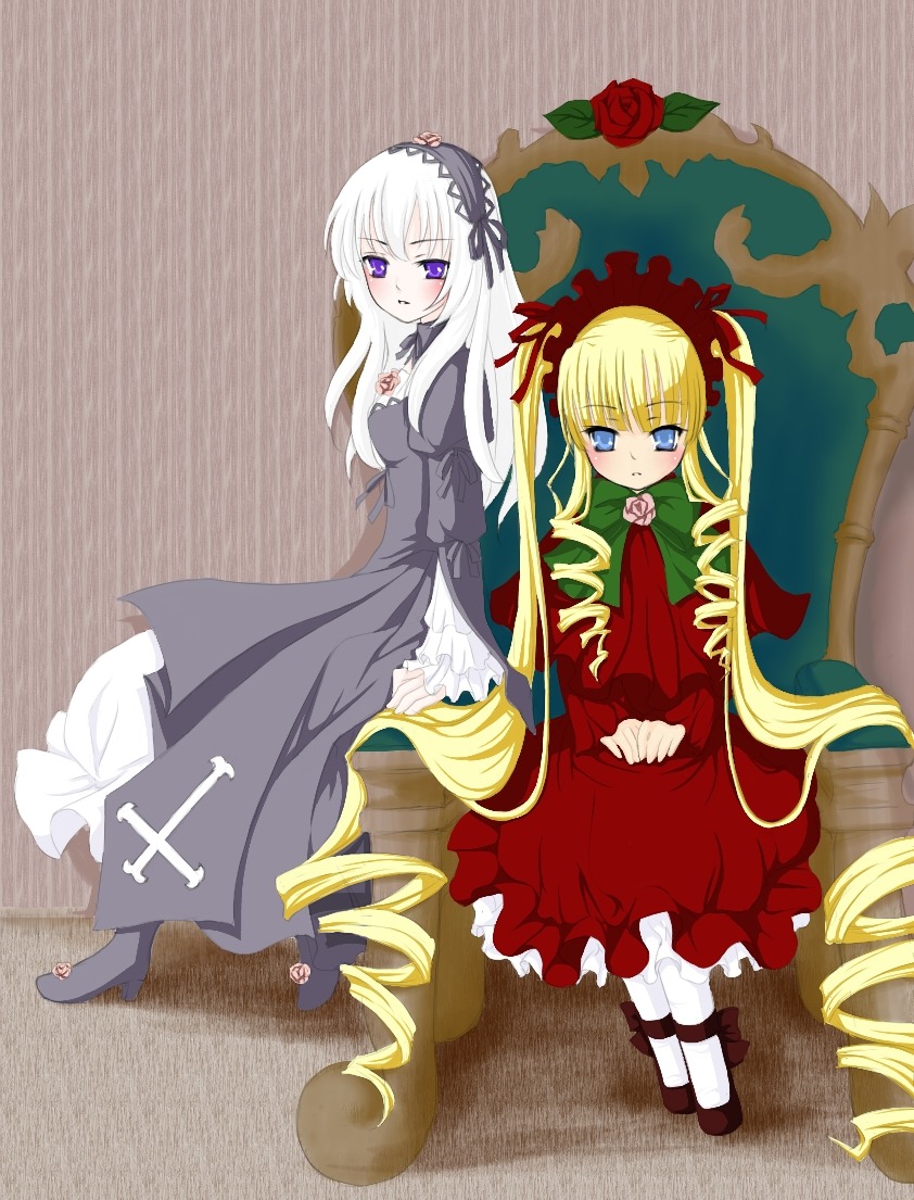 2girls blonde_hair blue_eyes blush bonnet bow dress drill_hair flower hairband image long_hair long_sleeves multiple_girls pair red_dress rose shinku sitting suigintou twin_drills twintails very_long_hair