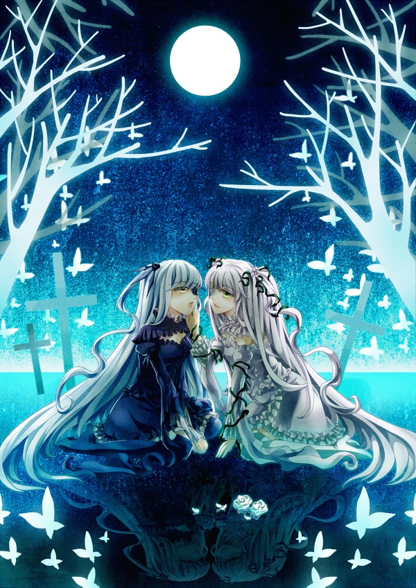 2girls barasuishou blue_butterfly bug butterfly butterfly_hair_ornament dress flower frills full_moon image insect kirakishou long_hair moon multiple_girls night pair silver_hair sitting very_long_hair