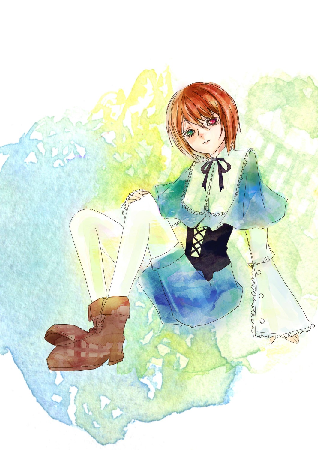 1boy boots brown_hair capelet full_body green_eyes heterochromia image long_sleeves looking_at_viewer red_eyes ribbon short_hair shorts sitting solo souseiseki