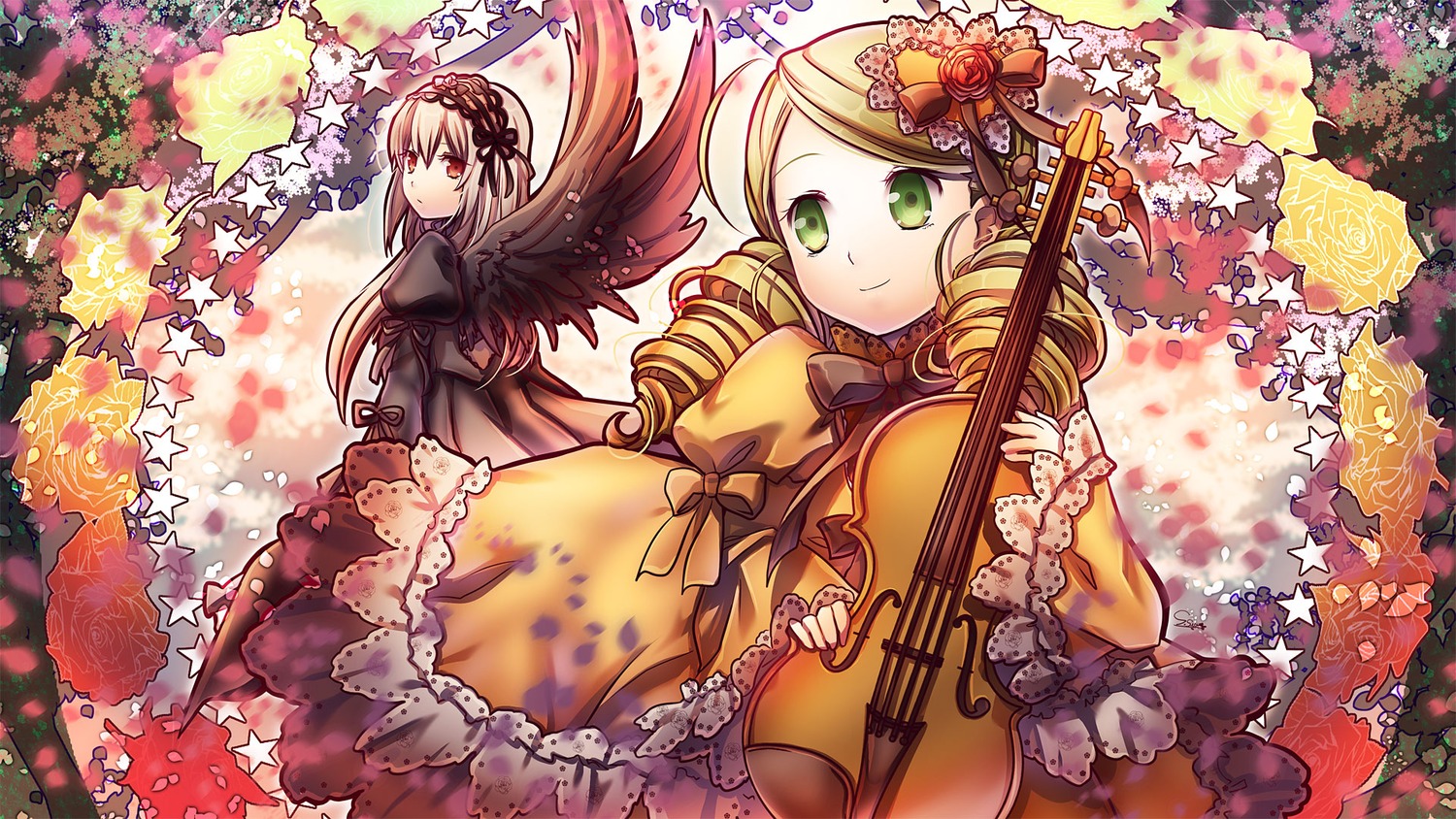 2girls blonde_hair commentary_request dress drill_hair flower frills gothic_lolita green_eyes green_hair hair_ornament hairband highres image instrument kanaria lolita_fashion long_hair long_sleeves multiple_girls pair puffy_sleeves red_eyes ribbon rose rozen_maiden silver_hair smile star_(symbol) suigintou suou_sakura violin wide_sleeves wings