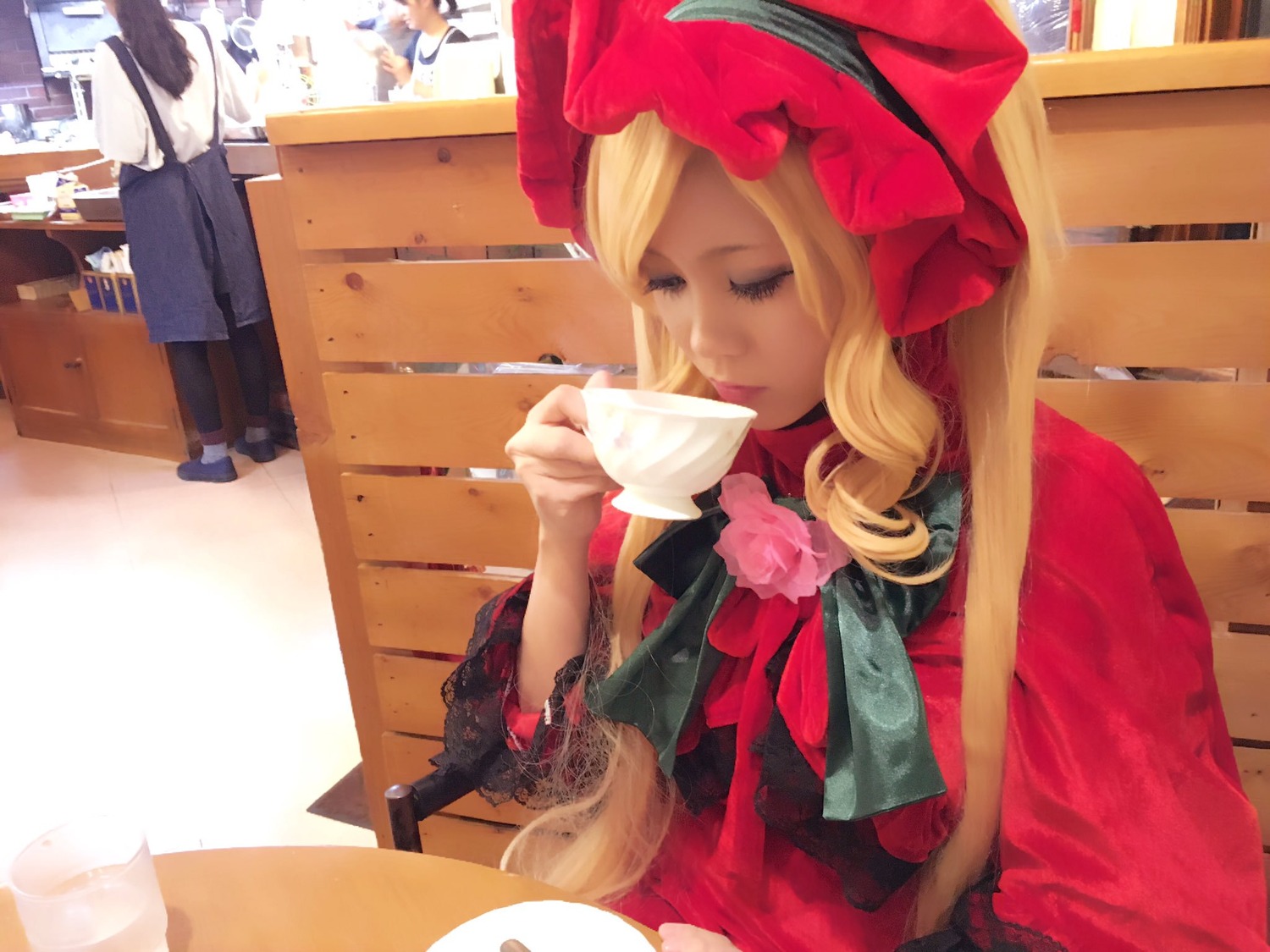 1girl blonde_hair bow chair closed_eyes cup flower hat indoors long_hair shinku sitting solo solo_focus teacup