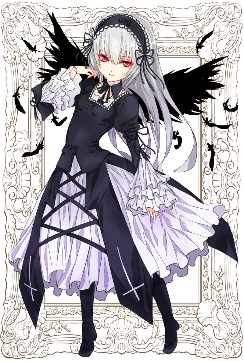 1girl bangs black_dress black_footwear black_ribbon boots dress eyebrows_visible_through_hair feathers flower frilled_sleeves frills full_body hairband image juliet_sleeves lolita_fashion long_hair long_sleeves looking_at_viewer puffy_sleeves red_eyes ribbon rose silver_hair solo standing suigintou wings