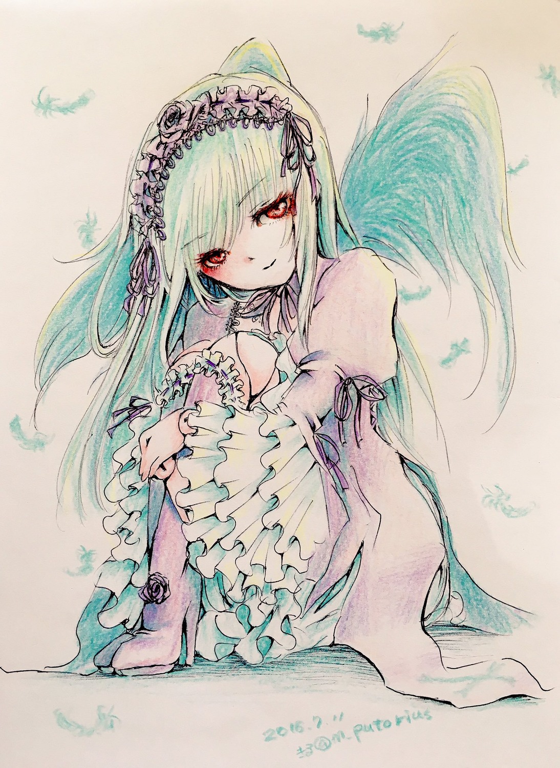 1girl bangs bug butterfly closed_mouth dress eyebrows_visible_through_hair flower frilled_sleeves frills hairband image insect long_hair long_sleeves looking_at_viewer red_eyes ribbon silver_hair smile solo suigintou traditional_media wide_sleeves wings