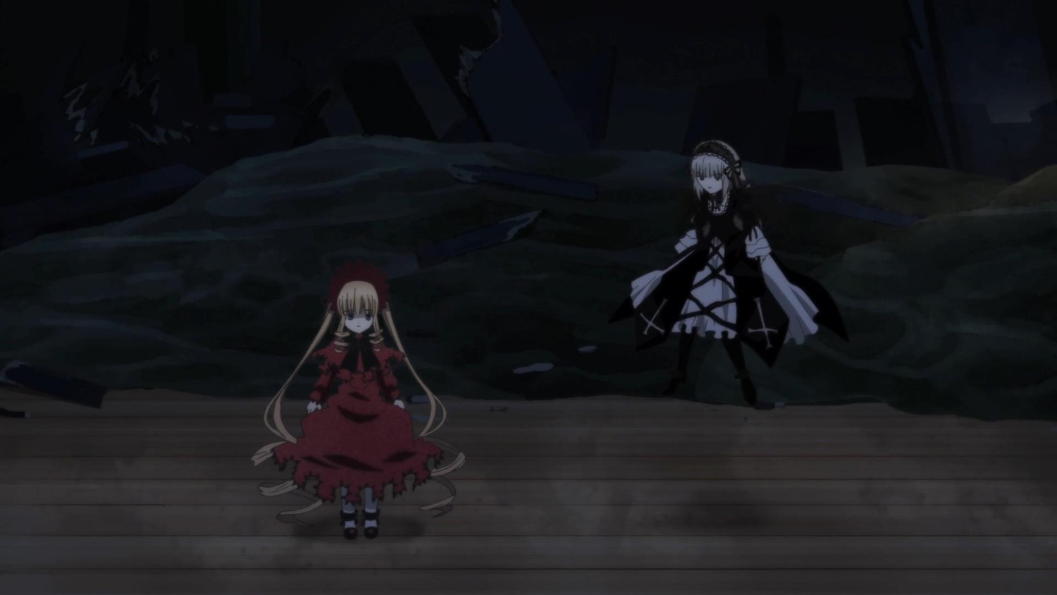 2girls blonde_hair dark dress hairband image long_hair multiple_girls pair red_dress shinku suigintou very_long_hair