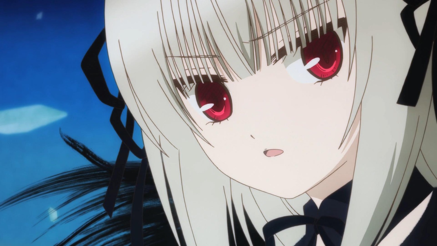 1girl bangs black_ribbon eyebrows_visible_through_hair hair_ribbon image long_hair looking_at_viewer open_mouth portrait red_eyes ribbon solo suigintou