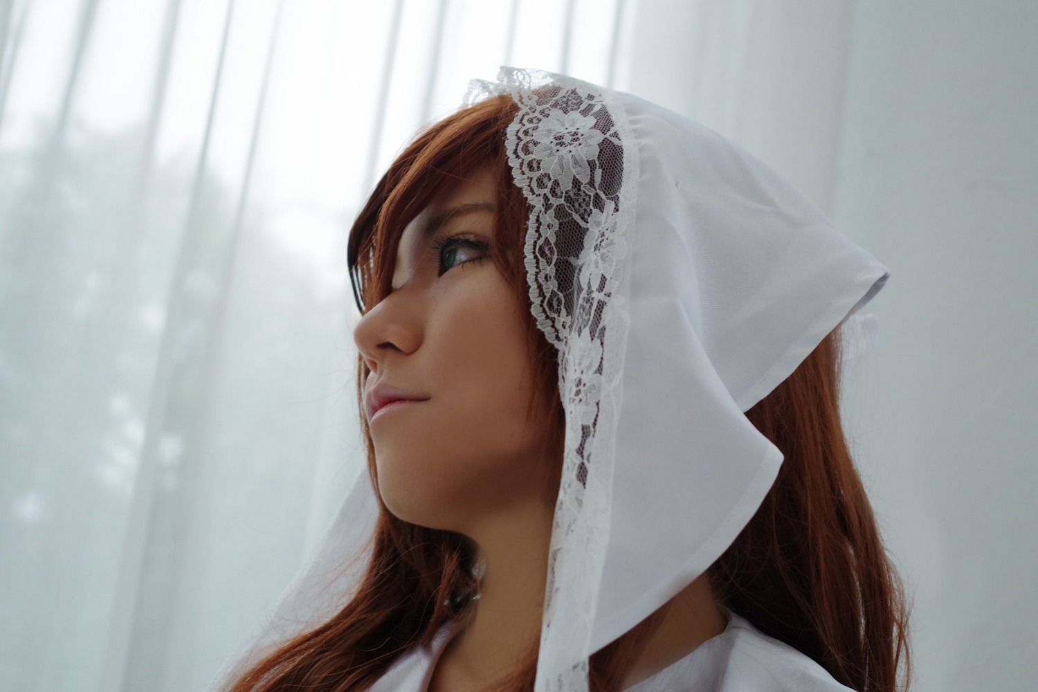 1girl bridal_veil brown_hair closed_mouth eyelashes from_side lips long_hair portrait profile solo suiseiseki veil