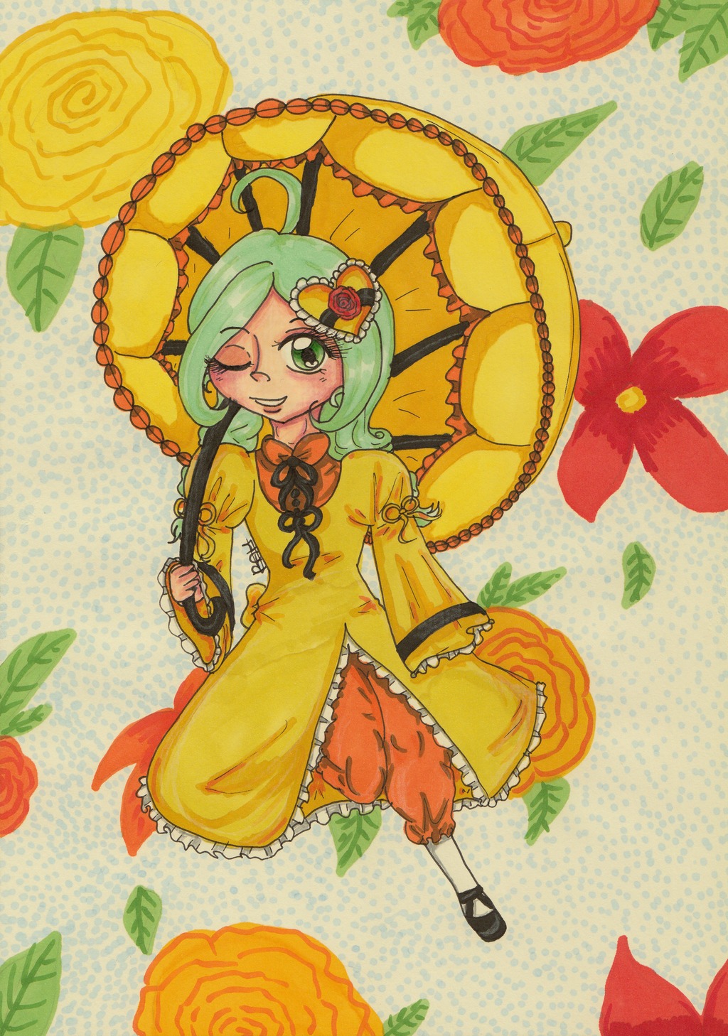 1girl ahoge bow dress flower green_eyes green_hair hair_ornament image kanaria leaf long_hair one_eye_closed polka_dot red_flower red_rose rose smile solo traditional_media umbrella