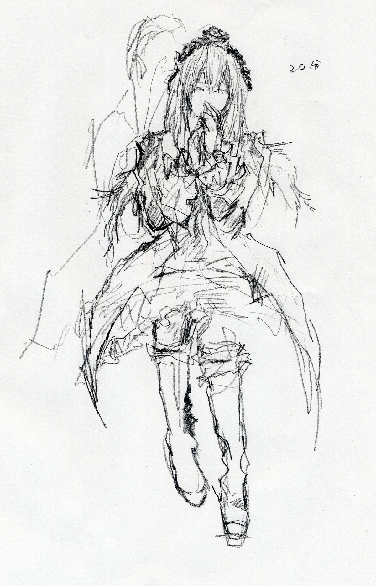 1girl boots dress frills full_body greyscale hairband image long_hair long_sleeves monochrome sketch solo suigintou