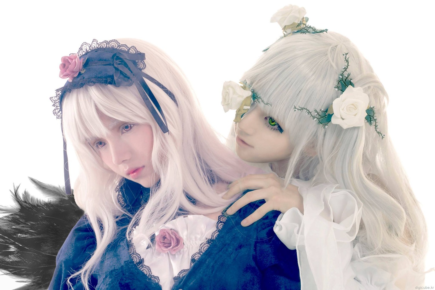 2girls bangs blonde_hair blue_eyes closed_mouth eyelashes flower hair_flower hair_ornament lace lips long_hair looking_at_viewer multiple_cosplay multiple_girls ribbon rose sisters striped tagme white_flower white_hair white_rose