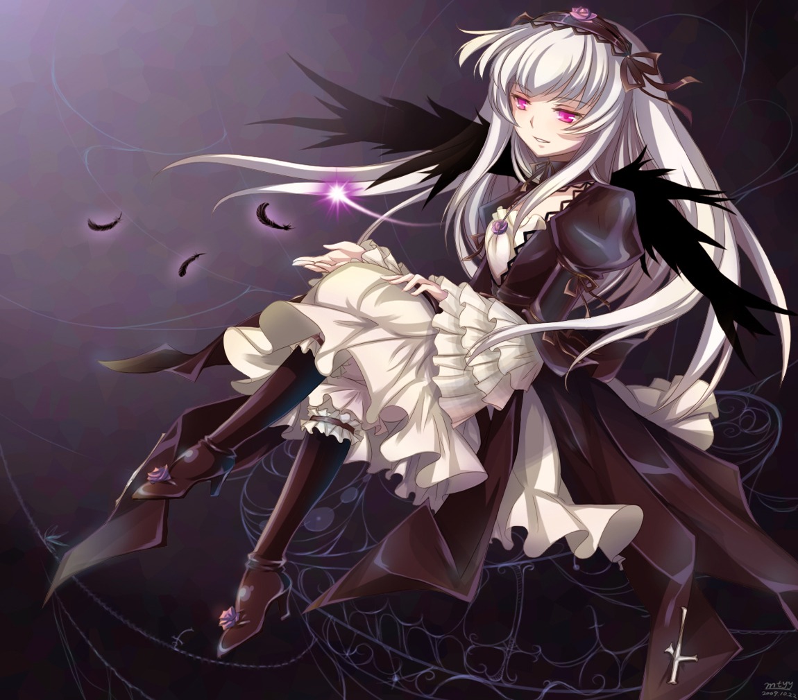 1girl black_wings boots commentary_request dress feathers flower frills hairband image long_hair long_sleeves mtyy photoshop_(medium) pink_eyes rose rozen_maiden silver_hair solo suigintou white_hair wings