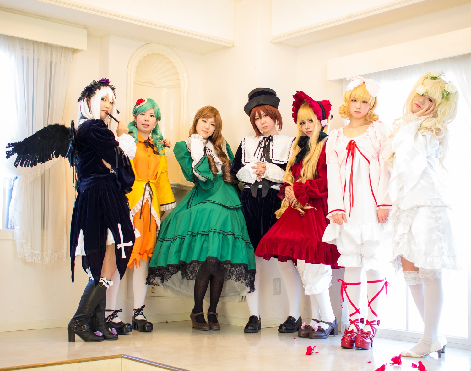 6+girls angel_wings black_legwear blonde_hair boots bow brown_hair closed_eyes dress green_hair hair_ornament hat long_hair long_sleeves multiple_cosplay multiple_girls pantyhose shoes short_hair skirt tagme white_hair white_legwear wings