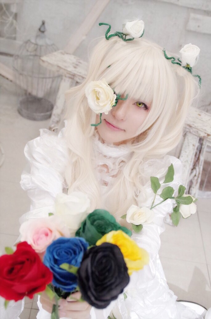 1girl bangs blue_flower blue_rose blurry blurry_background blurry_foreground bouquet closed_mouth depth_of_field dress flower kirakishou leaf lips long_hair looking_at_viewer photo red_flower red_rose rose solo thorns white_flower white_hair white_rose yellow_rose