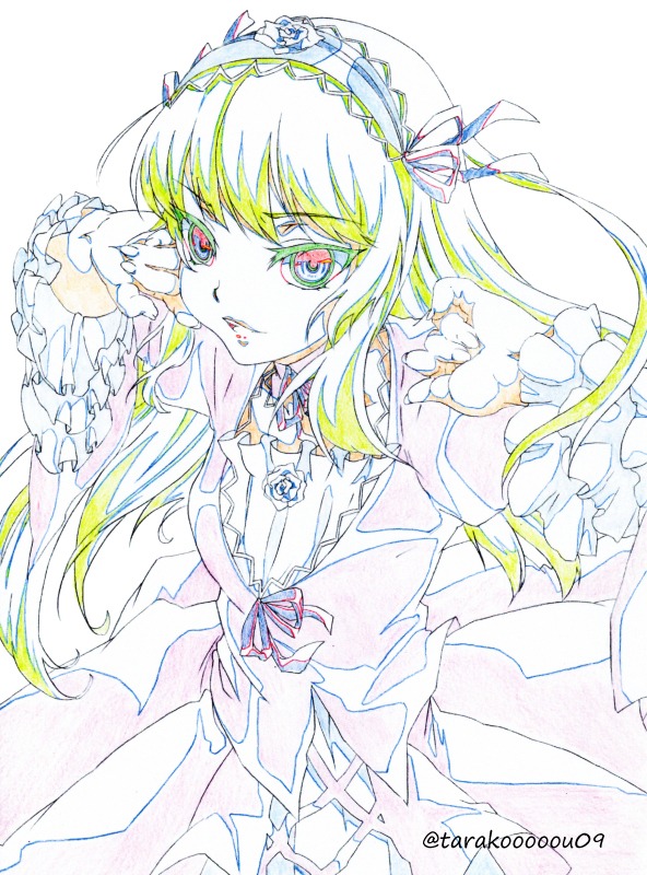 1girl blonde_hair dress flower frills gothic_lolita hairband image lolita_fashion lolita_hairband long_hair long_sleeves looking_at_viewer pink_eyes ribbon solo suigintou traditional_media