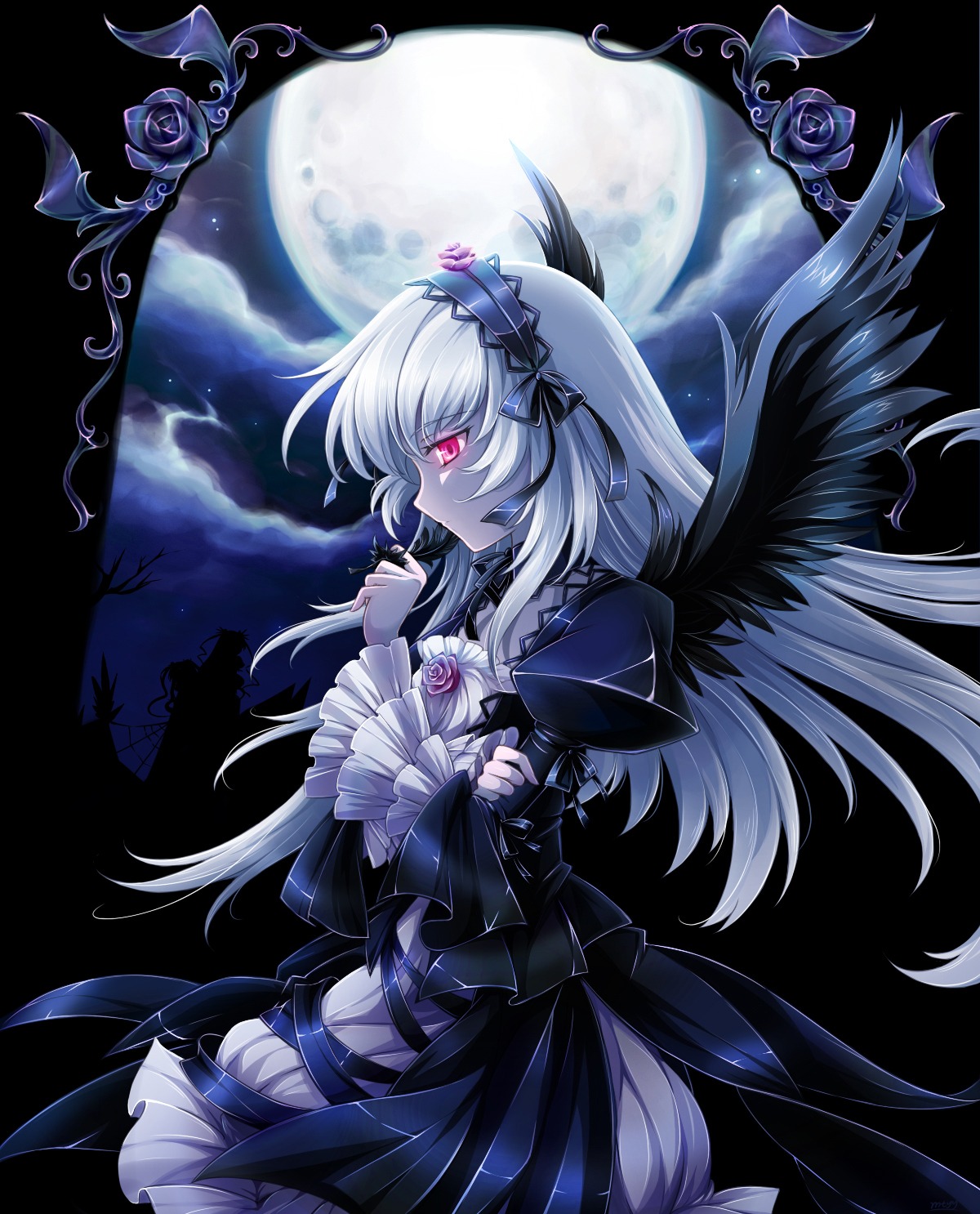 1girl black_dress black_flower black_rose black_wings commentary_request dress expressionless flower full_moon hairband highres image lolita_hairband long_hair moon mtyy night night_sky photoshop_(medium) profile purple_flower purple_rose red_eyes rose rozen_maiden silver_hair sky solo suigintou very_long_hair wings