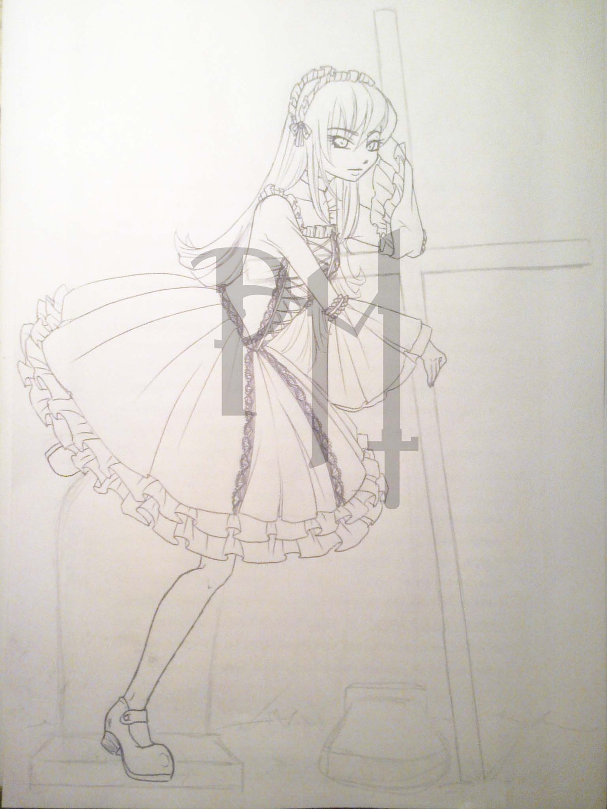 1girl dress frills full_body hairband image lolita_fashion long_hair long_sleeves monochrome shoes solo standing suigintou traditional_media