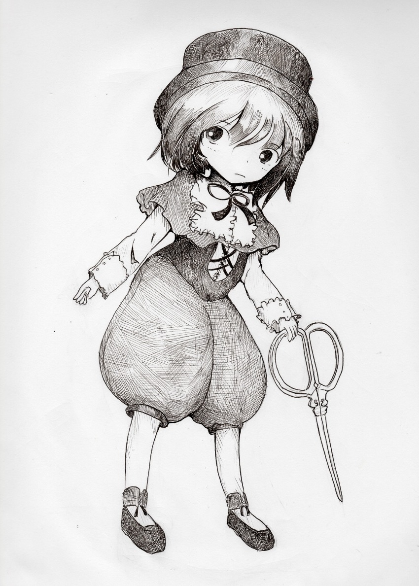 1girl capelet closed_mouth eyebrows_visible_through_hair full_body greyscale hat holding image looking_at_viewer monochrome shoes short_hair skirt solo souseiseki standing traditional_media weapon