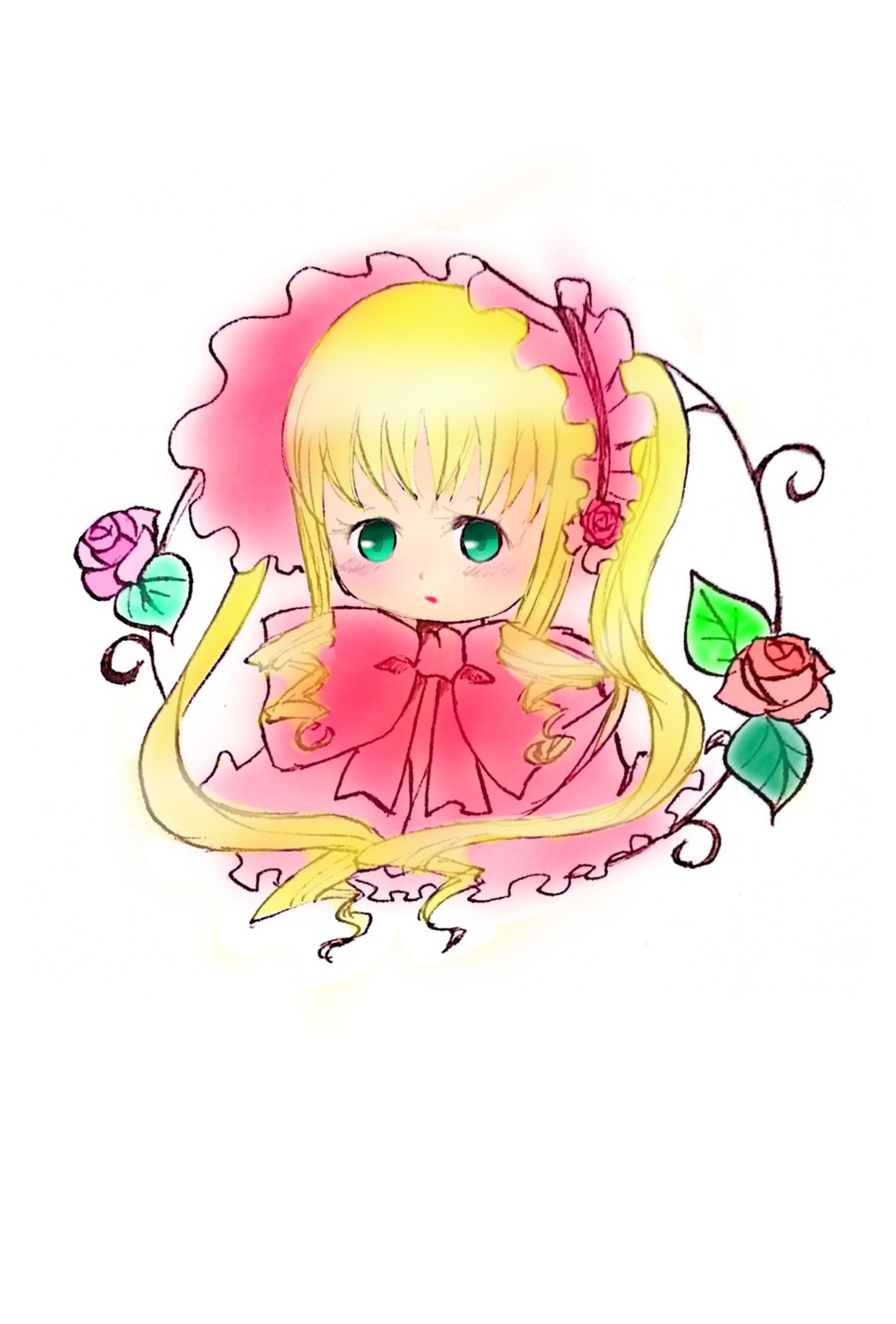1girl blonde_hair bow bowtie dress flower image long_hair looking_at_viewer pink_bow pink_flower pink_rose red_flower red_rose rose shinku simple_background solo white_background
