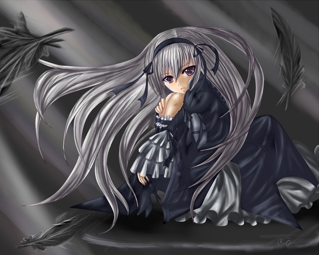 1girl auto_tagged black_wings dress frilled_sleeves frills full_body hairband image long_hair long_sleeves looking_at_viewer silver_hair solo suigintou very_long_hair wings