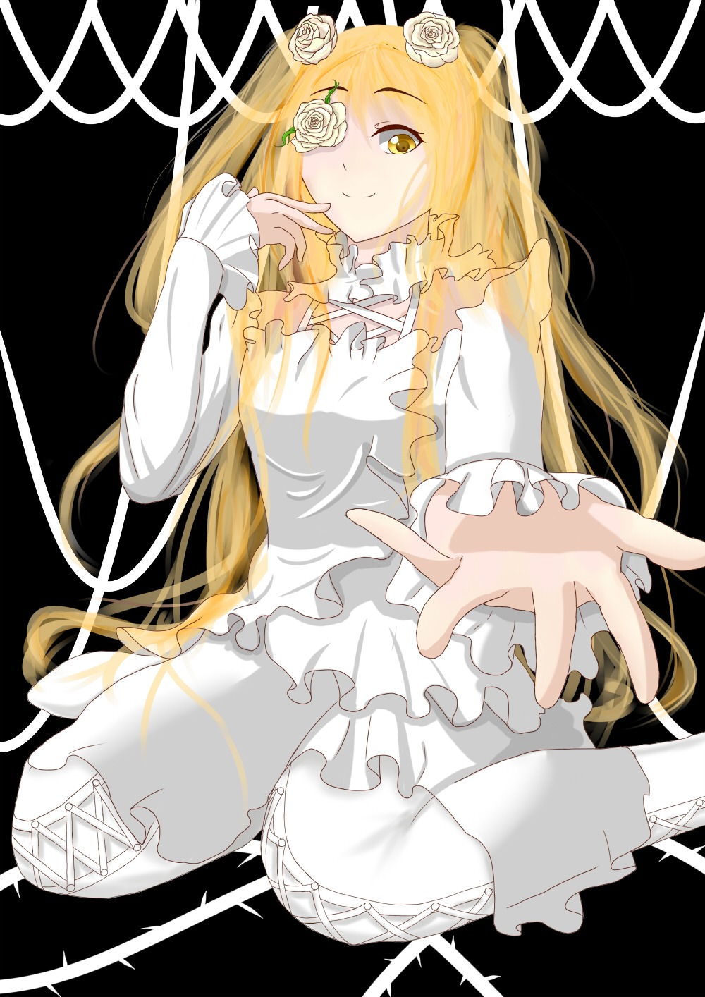 1girl blonde_hair dress eyepatch flower frills hair_flower hair_ornament image kirakishou long_hair outstretched_hand rose smile solo thorns white_flower white_rose yellow_eyes yellow_rose