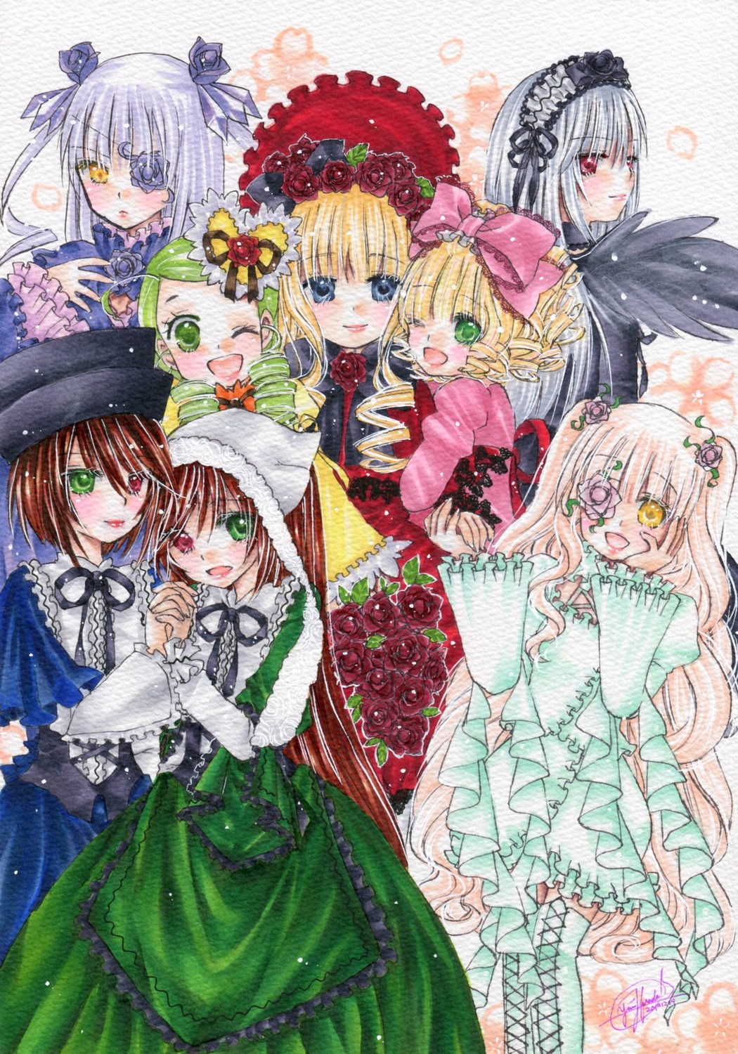 6+girls blonde_hair blue_eyes blush bow brown_hair dress drill_hair eyepatch flower frills green_dress green_eyes hairband hat hina_ichigo holding_hands image kanaria long_hair long_sleeves multiple multiple_girls one_eye_closed open_mouth pink_bow shinku short_hair siblings silver_hair sisters smile souseiseki suigintou suiseiseki tagme traditional_media twins twintails very_long_hair watercolor_(medium) wings yellow_eyes