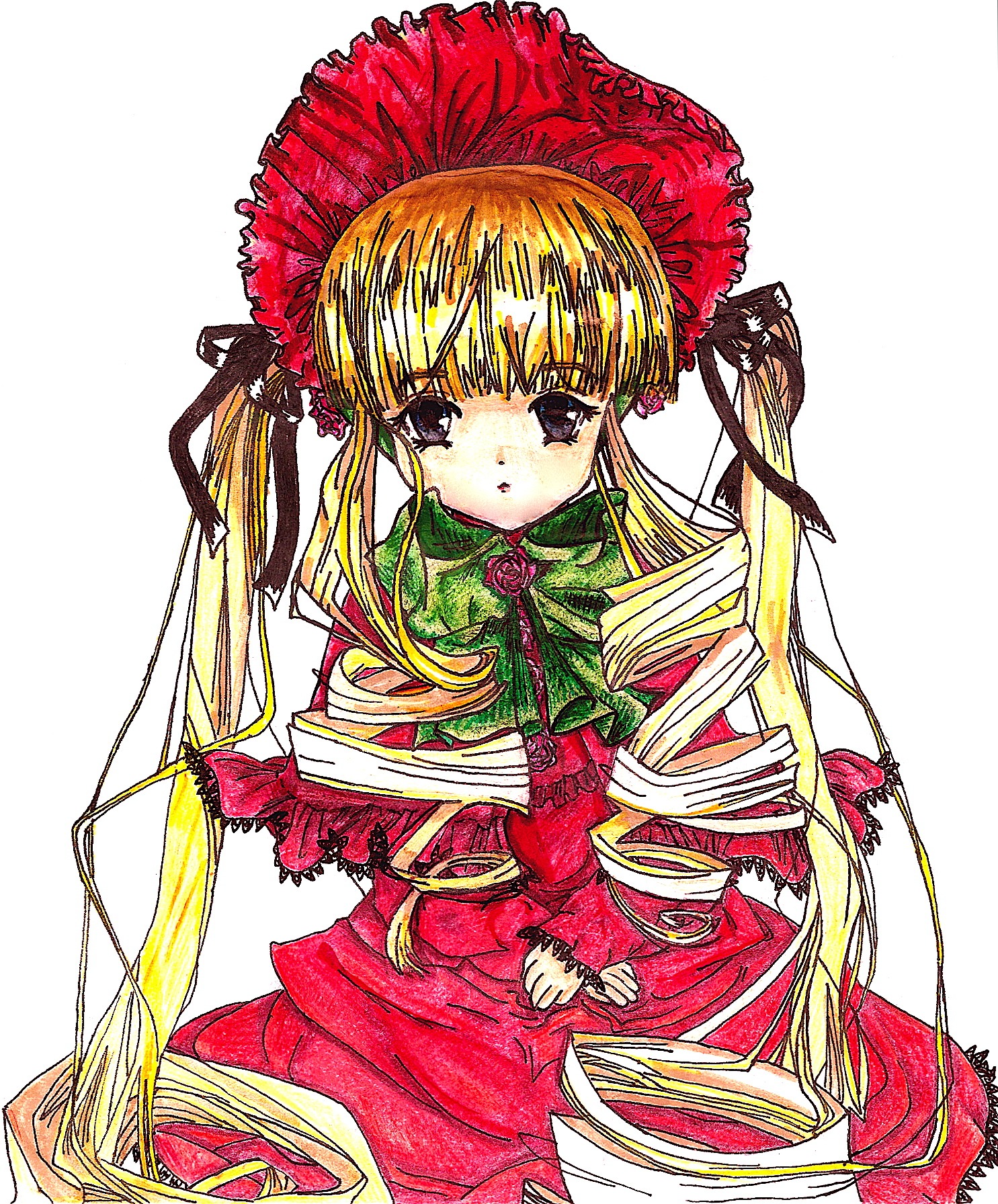 1girl blonde_hair bonnet bow cup dress drill_hair image long_hair long_sleeves looking_at_viewer red_dress rose shinku simple_background sitting solo teacup twintails very_long_hair white_background