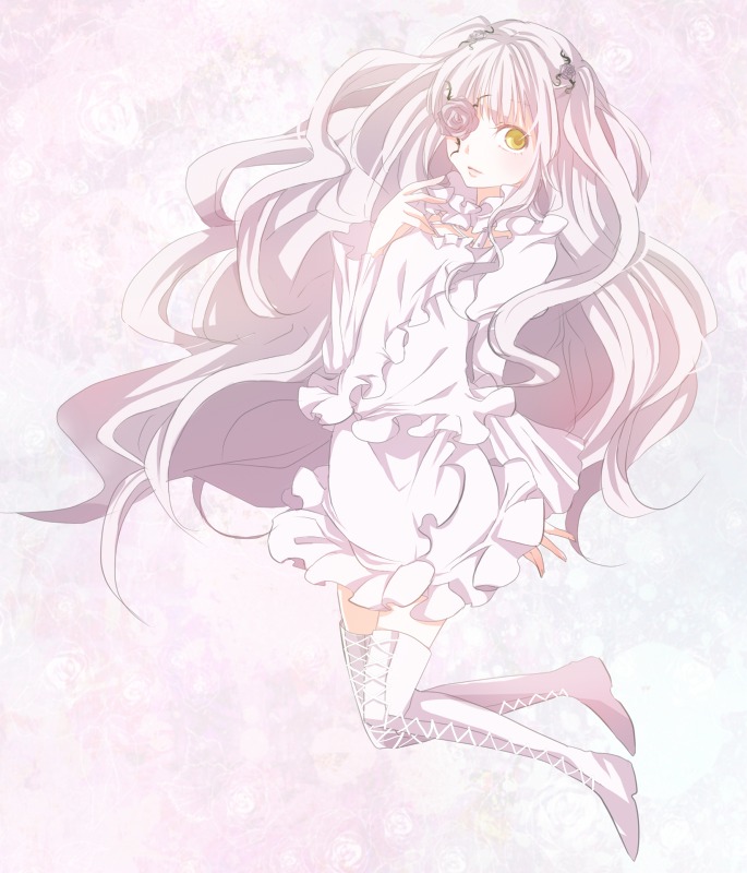 1girl boots bow cross-laced_footwear dress eyepatch frills full_body hair_ornament image kirakishou lace-up_boots long_hair long_sleeves solo striped striped_background thigh_boots thighhighs very_long_hair wavy_hair white_dress white_footwear yellow_eyes zettai_ryouiki