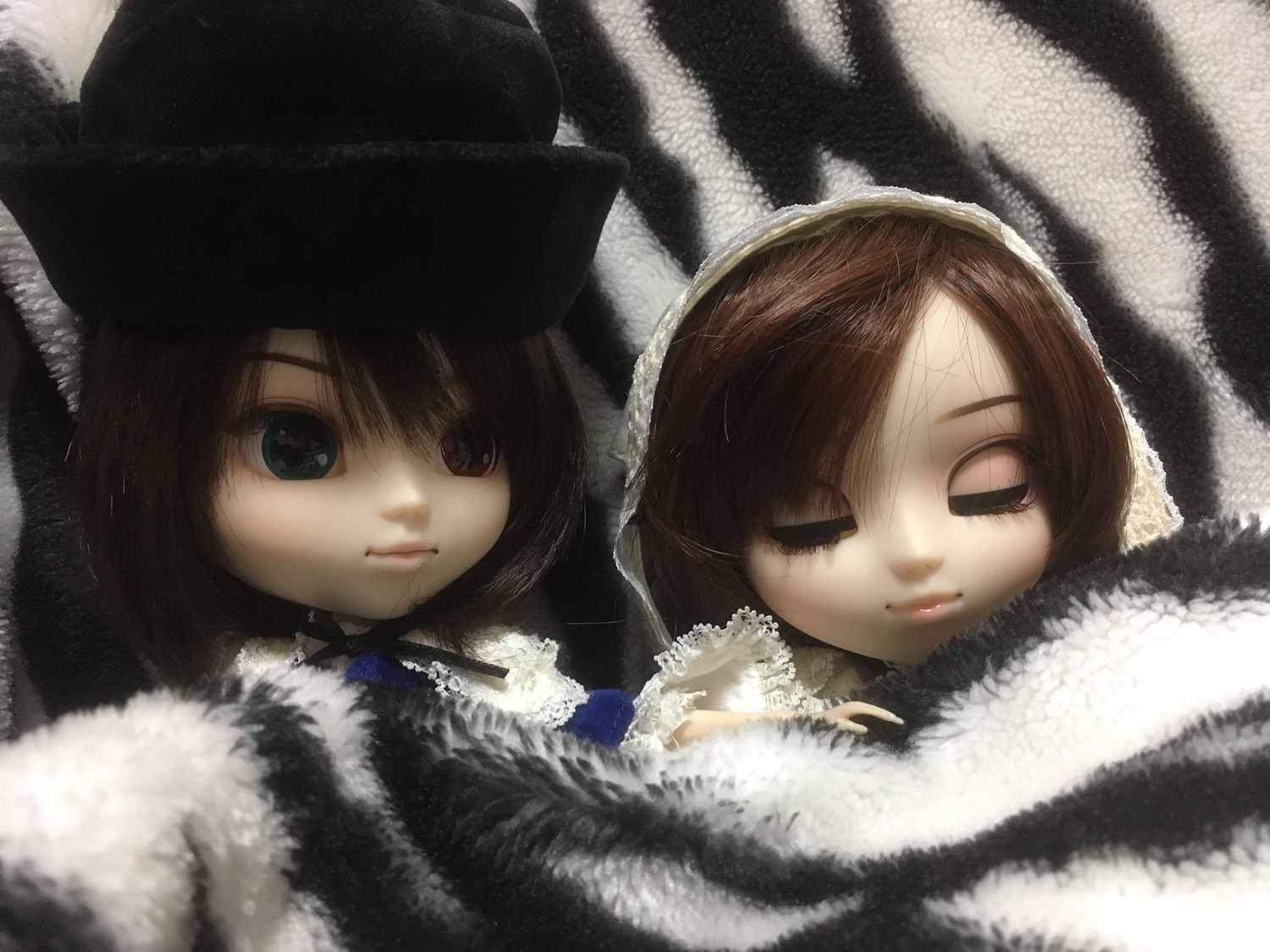 2girls bangs brown_hair closed_eyes closed_mouth doll fur_trim hat looking_at_viewer multiple_dolls multiple_girls sisters smile tagme twins