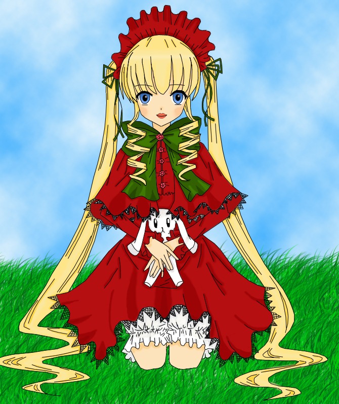 1girl blonde_hair blue_eyes blush bonnet bowtie capelet dress drill_hair full_body grass image long_hair long_sleeves looking_at_viewer open_mouth red_capelet red_dress shinku sidelocks sitting solo twin_drills twintails very_long_hair