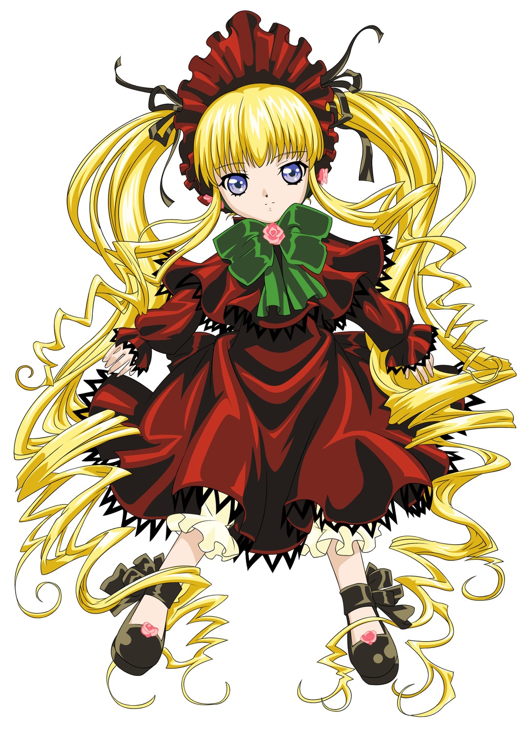 1girl blonde_hair bloomers blue_eyes bow bowtie dress full_body green_bow image long_hair long_sleeves looking_at_viewer shinku solo twintails underwear very_long_hair white_background