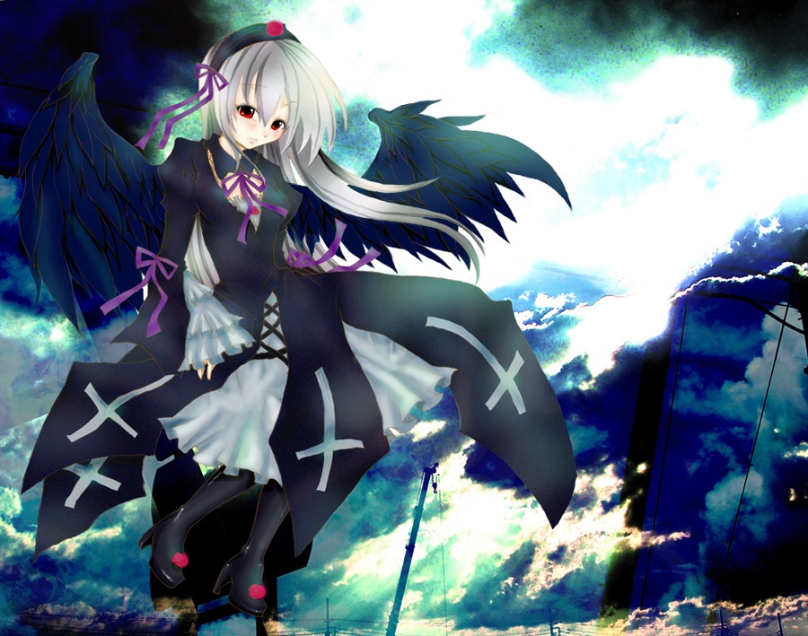 1girl black_wings boots dress feathered_wings full_body hat image long_hair long_sleeves red_eyes ribbon silver_hair solo standing suigintou wings