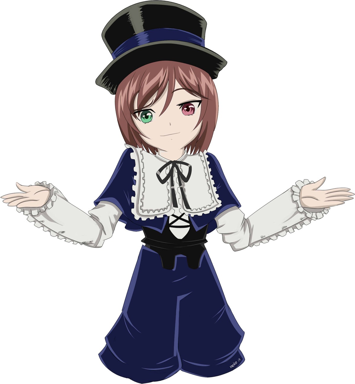 1girl blue_dress brown_hair dress frills green_eyes hat heterochromia image long_sleeves looking_at_viewer neck_ribbon outstretched_arms red_eyes ribbon short_hair smile solo souseiseki striped striped_background top_hat vertical_stripes white_background