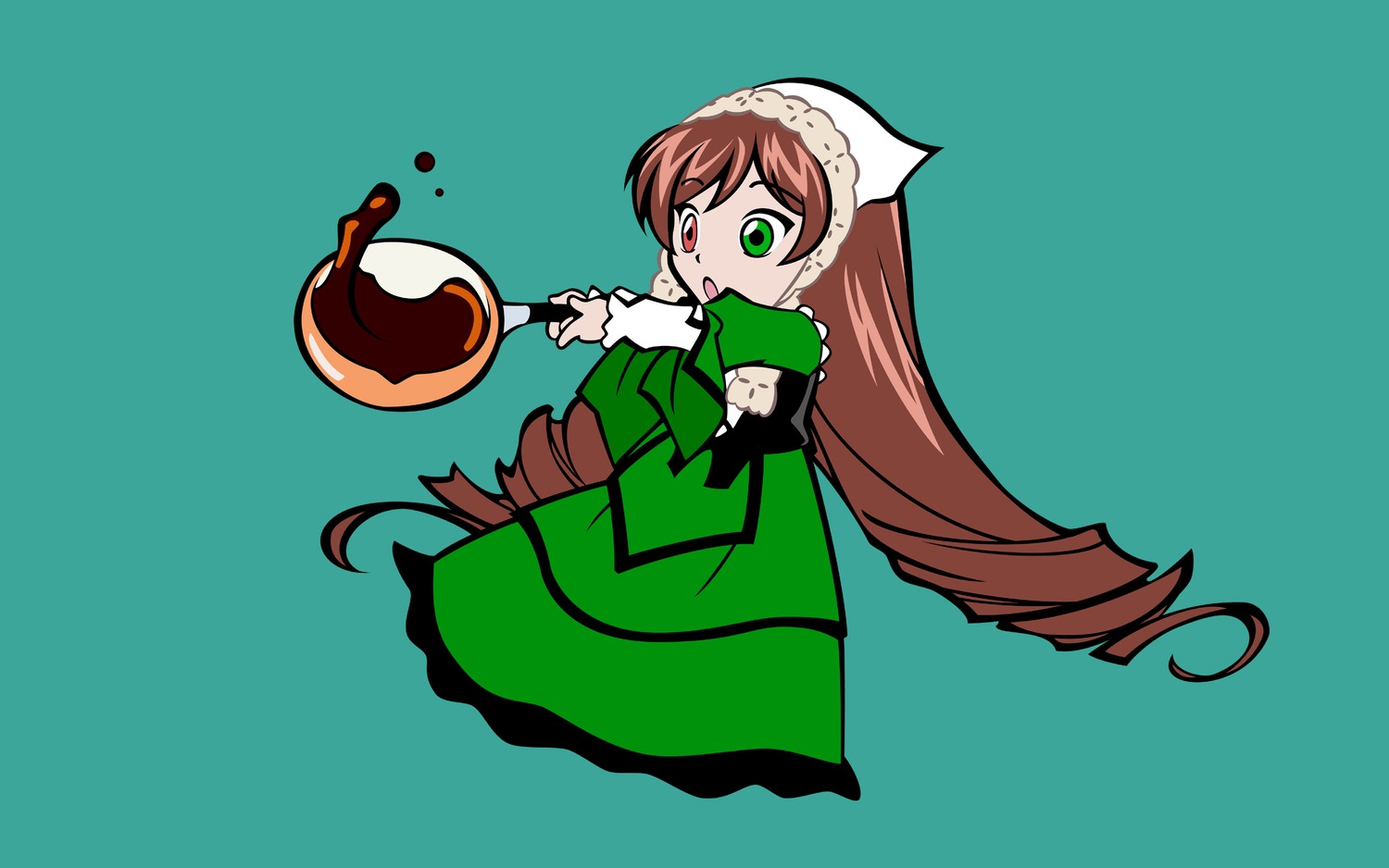 1girl brown_hair dress drill_hair frills full_body green_dress green_eyes heterochromia image long_hair long_sleeves open_mouth red_eyes simple_background solo suiseiseki very_long_hair watering_can