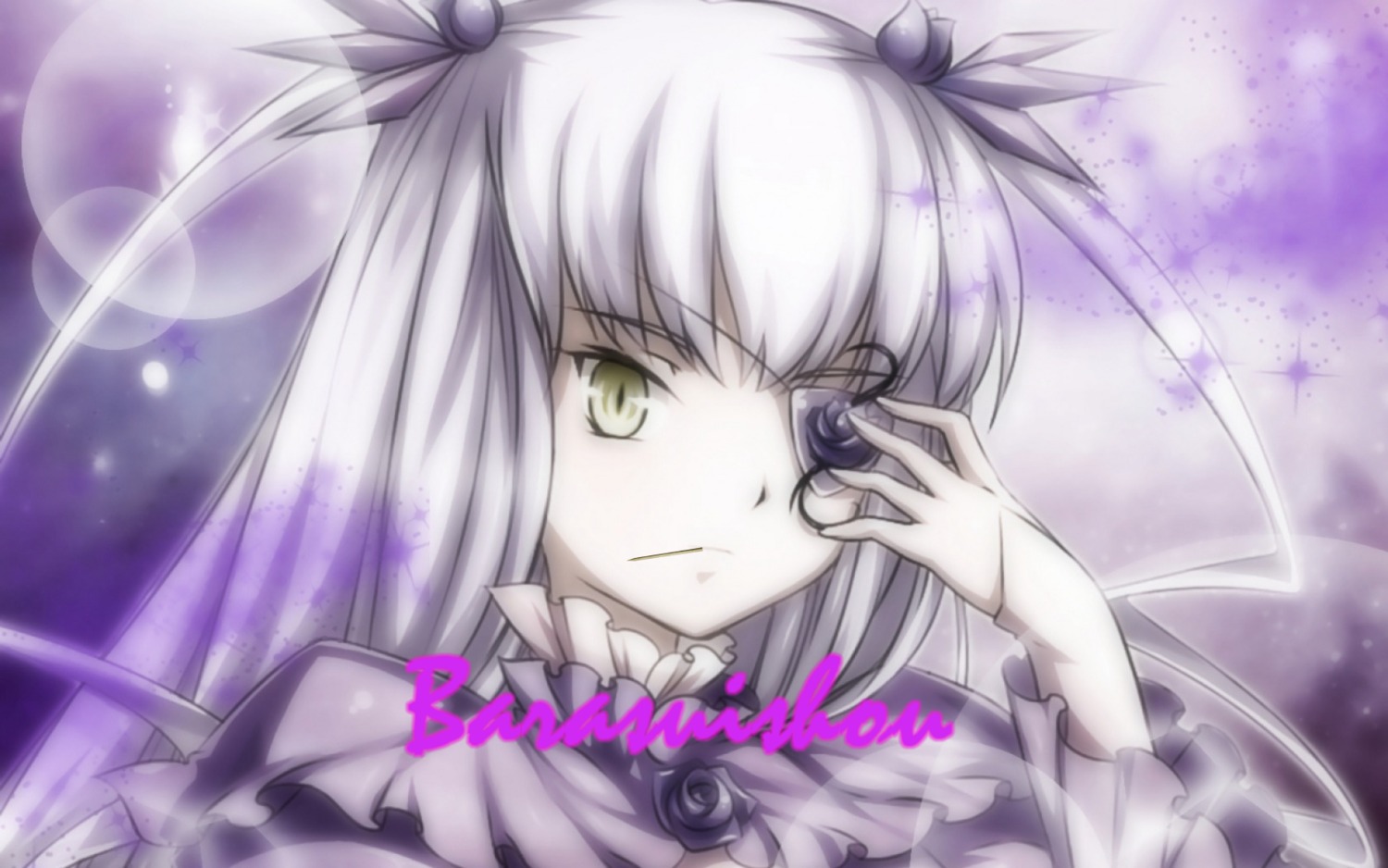 1girl barasuishou dress flower frills image long_hair looking_at_viewer ribbon rose silver_hair solo two_side_up yellow_eyes