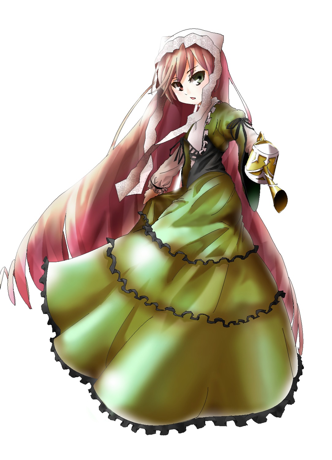 1girl brown_hair cup dress frills green_dress green_eyes image long_hair long_sleeves simple_background solo suiseiseki teacup tongue tongue_out very_long_hair watering_can white_background