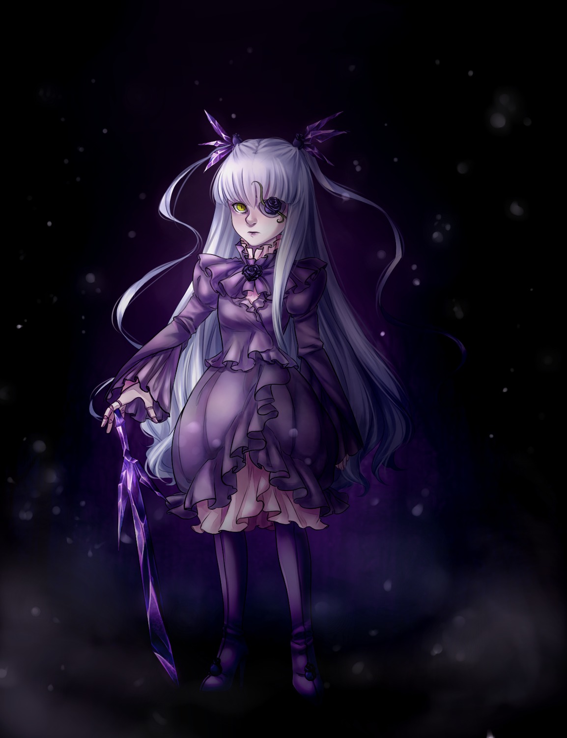 1girl barasuishou closed_umbrella dress eyepatch frills full_body hair_ornament image long_hair long_sleeves pantyhose silver_hair solo standing two_side_up very_long_hair yellow_eyes