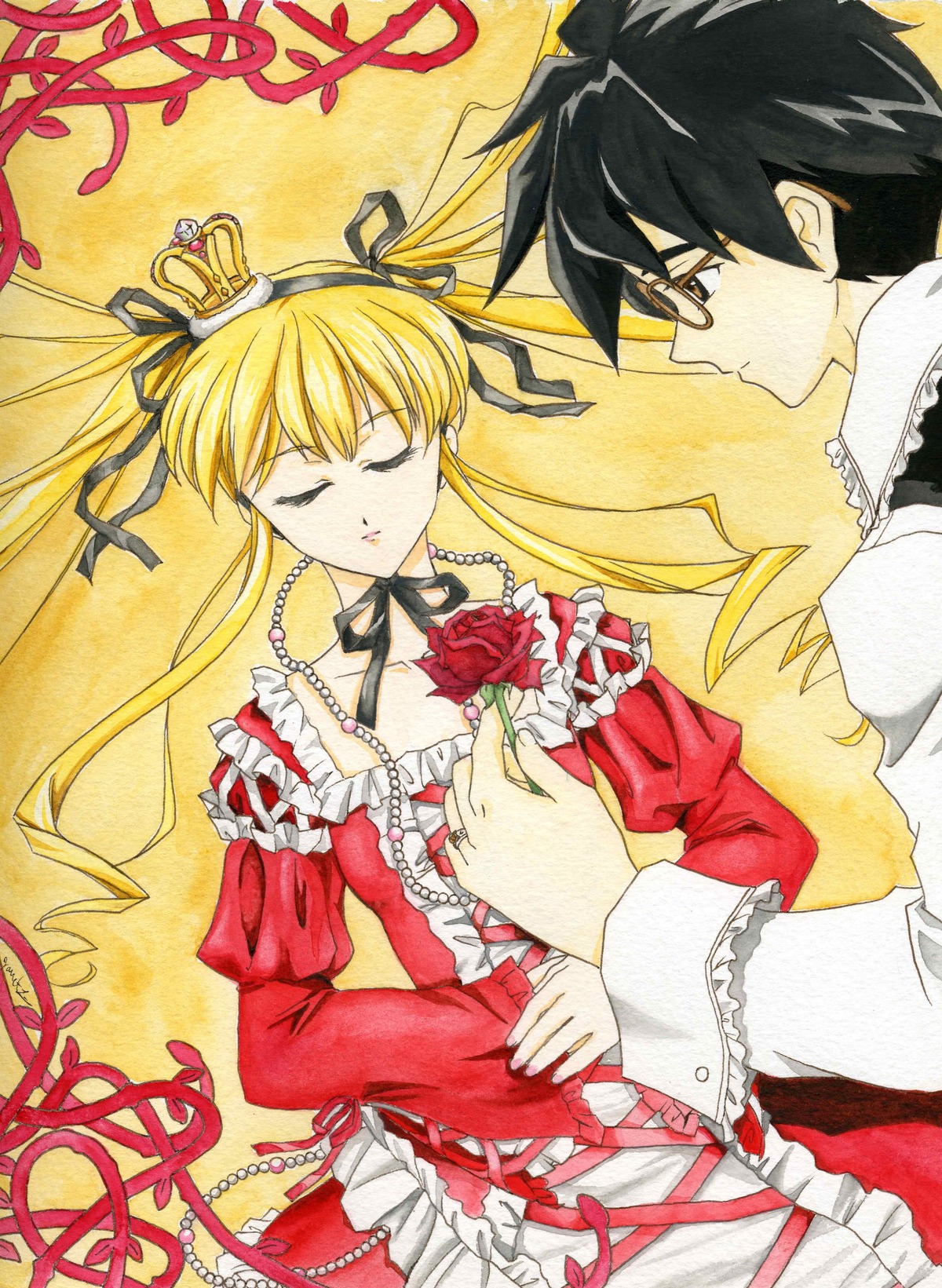 1boy 1girl blonde_hair choker closed_eyes crown dress flower frills glasses hair_ribbon image long_hair long_sleeves marker_(medium) puffy_sleeves red_rose ribbon rose shinku solo traditional_media twintails