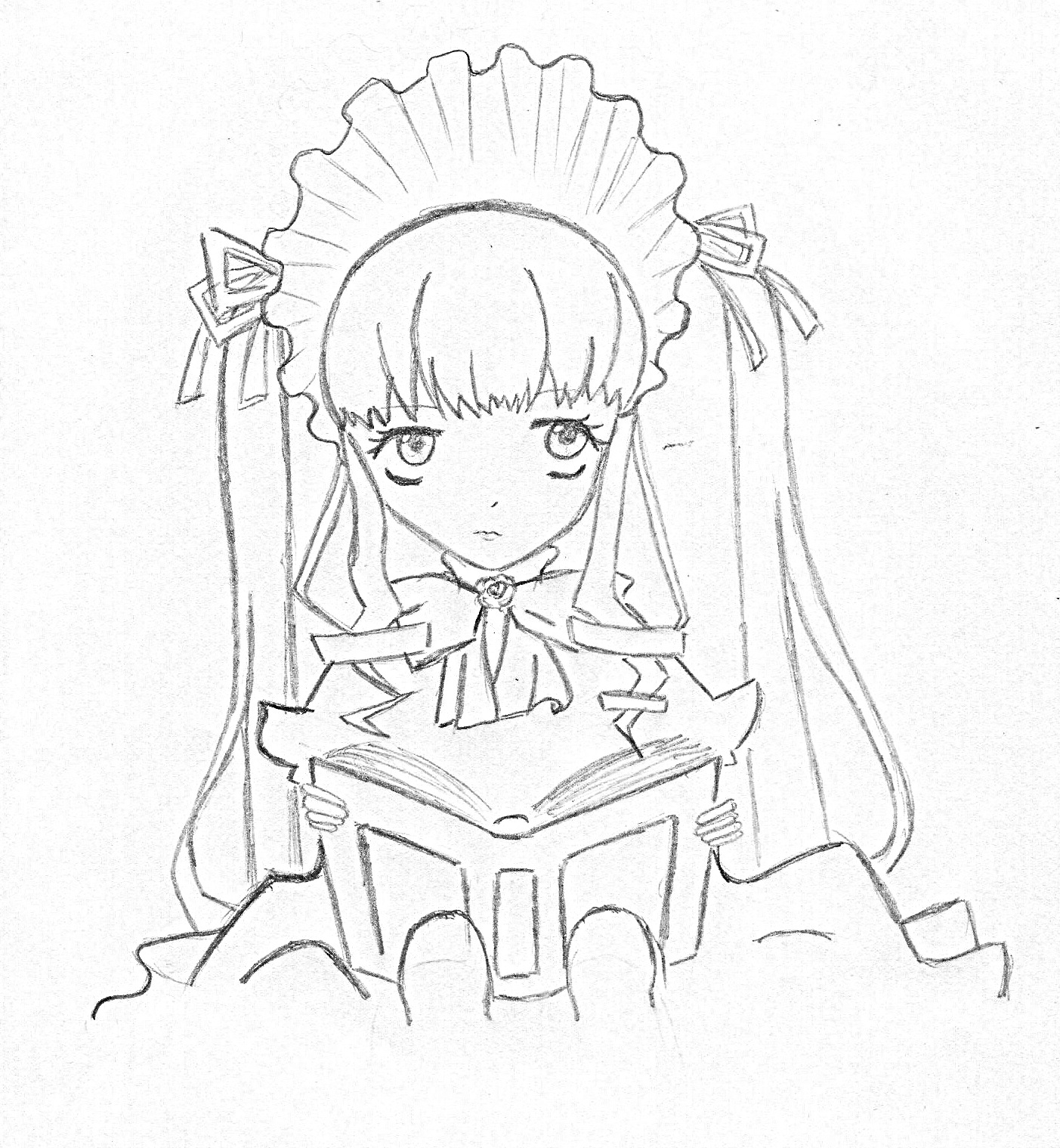 1girl bangs bowtie frills greyscale hair_ribbon image long_hair long_sleeves looking_at_viewer maid maid_headdress monochrome ribbon shinku solo upper_body very_long_hair white_background