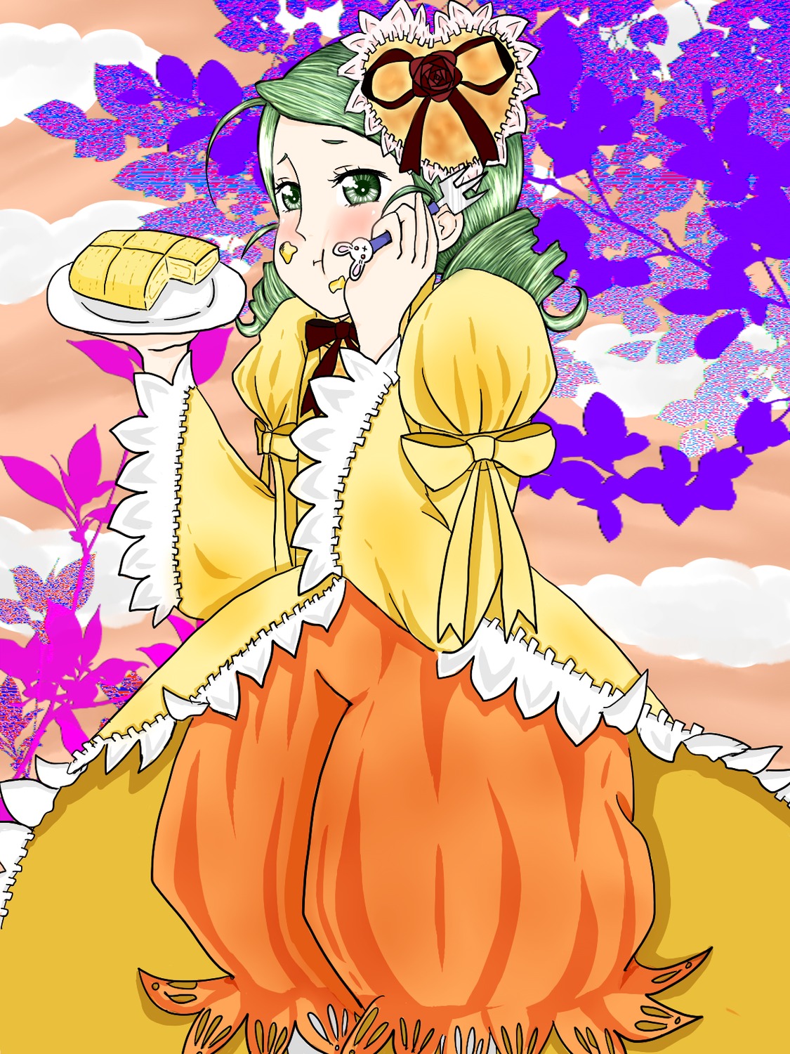 1girl dress drill_hair eating flower food green_eyes green_hair hair_ornament image kanaria solo