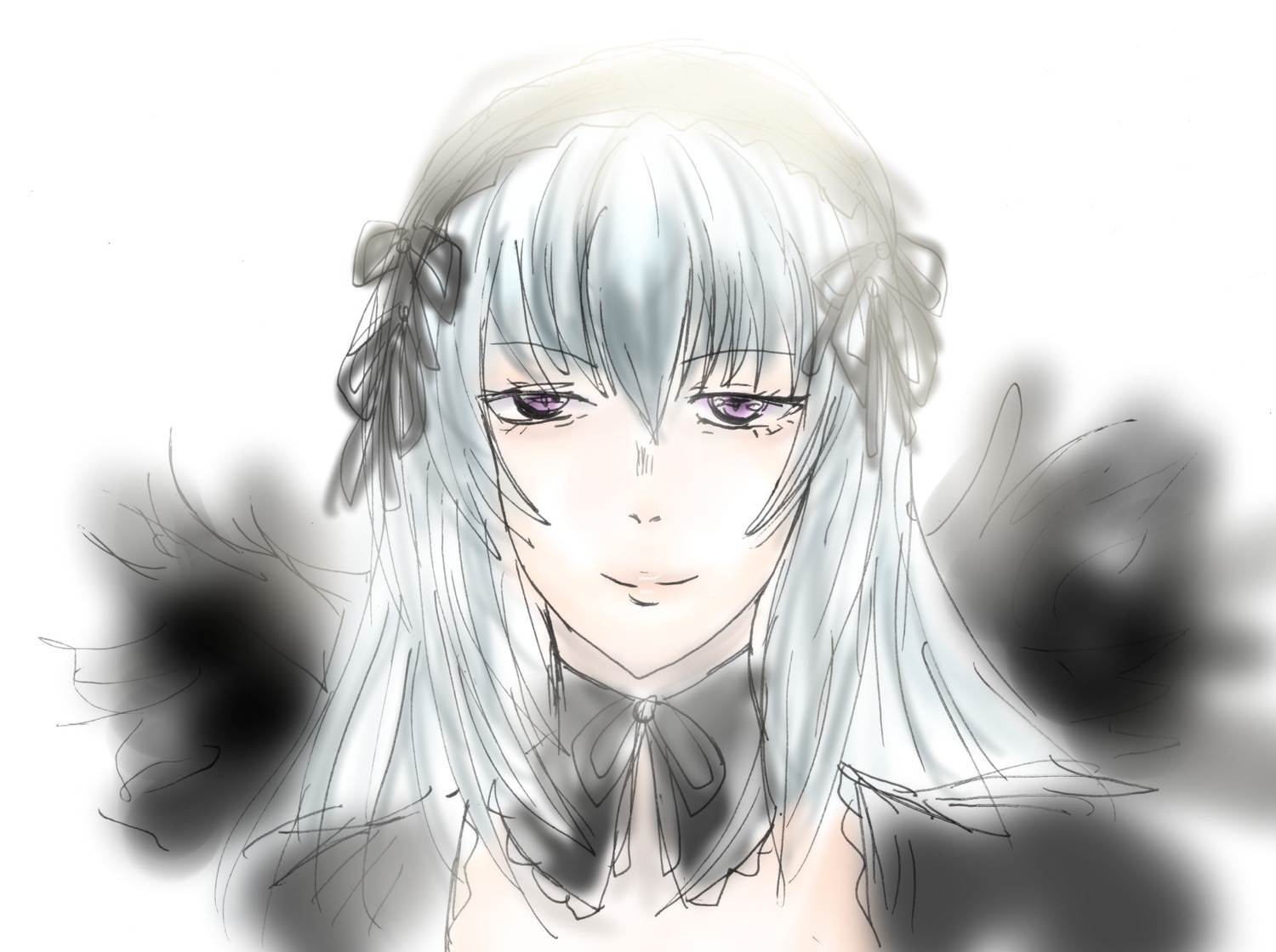 1girl bangs black_ribbon black_wings closed_mouth flower hairband image long_hair looking_at_viewer ribbon rose silver_hair simple_background smile solo suigintou upper_body white_background wings