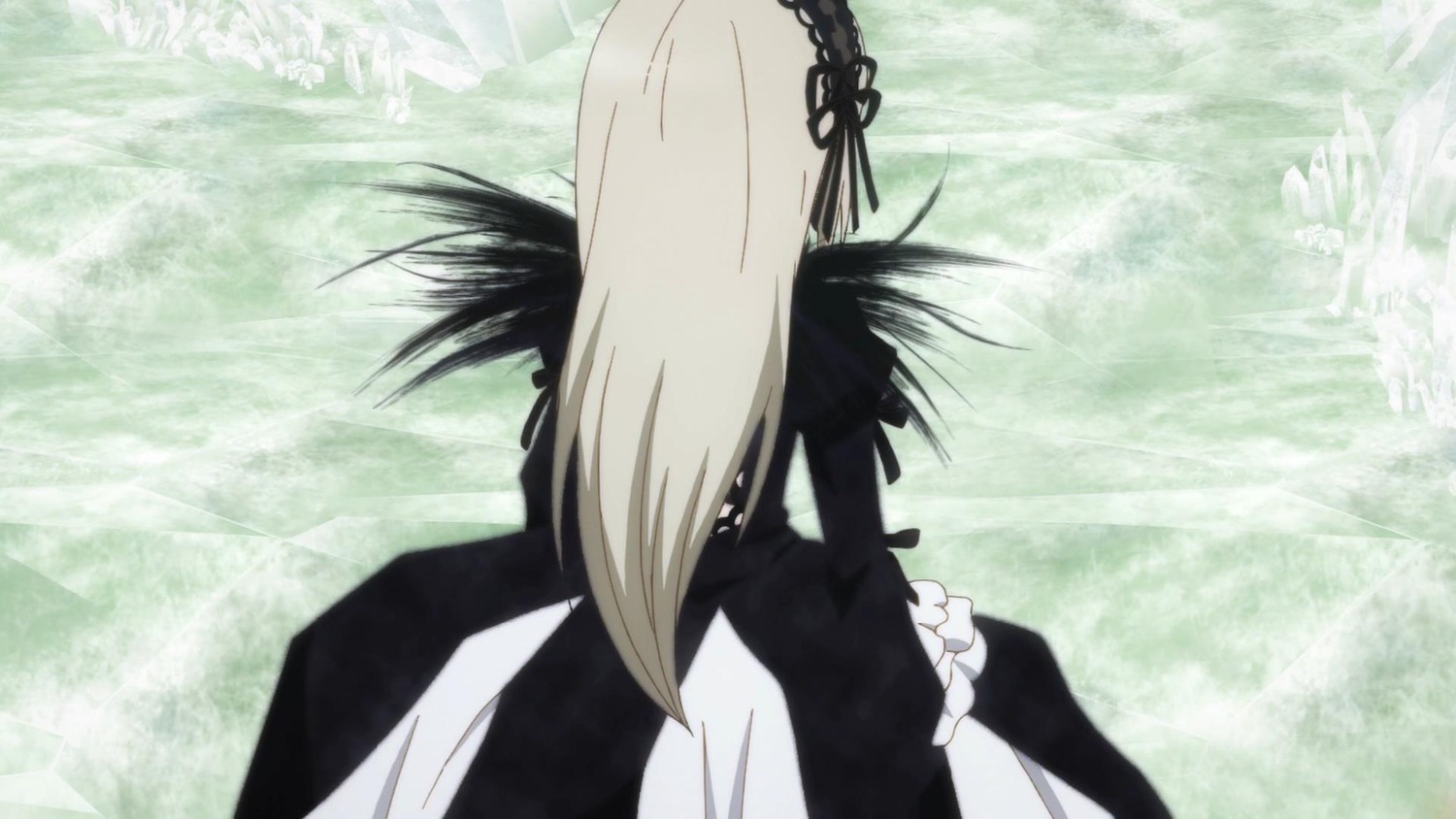 1girl black_dress black_ribbon black_wings dress frills hairband image long_hair long_sleeves outdoors ribbon solo standing suigintou