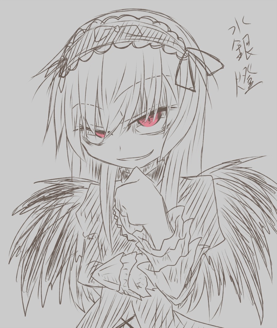 1girl black_wings dress eyebrows_visible_through_hair feathered_wings frilled_sleeves frills grey_background grin hairband image long_hair long_sleeves looking_at_viewer monochrome red_eyes simple_background smile solo suigintou wings