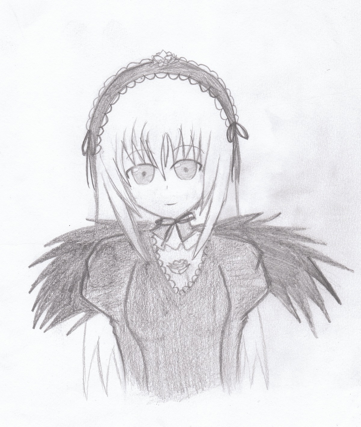 1girl black_wings closed_mouth dress eyebrows_visible_through_hair flower frills greyscale hairband image long_hair long_sleeves looking_at_viewer monochrome ribbon simple_background smile solo suigintou traditional_media upper_body white_background wings