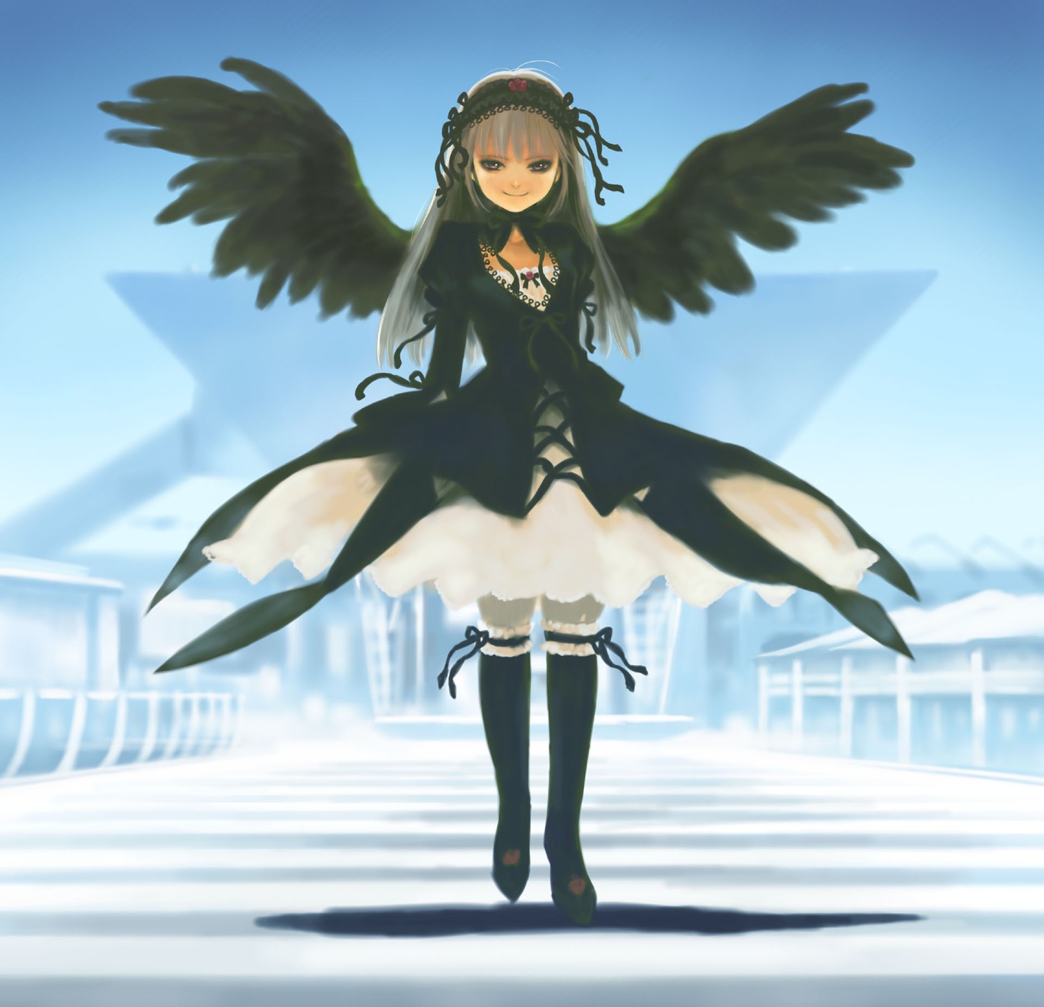 1girl black_legwear black_ribbon black_wings day dress flower frills full_body hairband image lolita_hairband long_hair long_sleeves looking_at_viewer ribbon rose silver_hair sky smile solo standing suigintou thighhighs wings