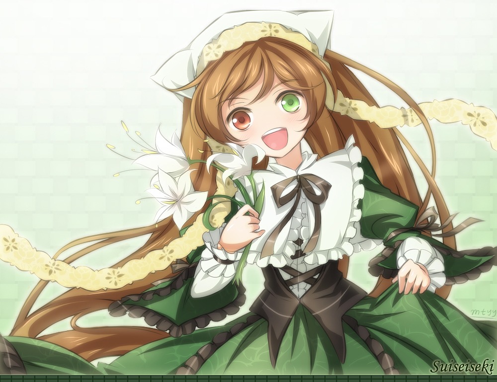 1girl :d brown_hair commentary_request dress flower frills green_dress green_eyes hairband head_scarf heterochromia image long_hair long_sleeves looking_at_viewer mtyy open_mouth photoshop_(medium) red_eyes ribbon rozen_maiden smile solo suiseiseki twintails very_long_hair