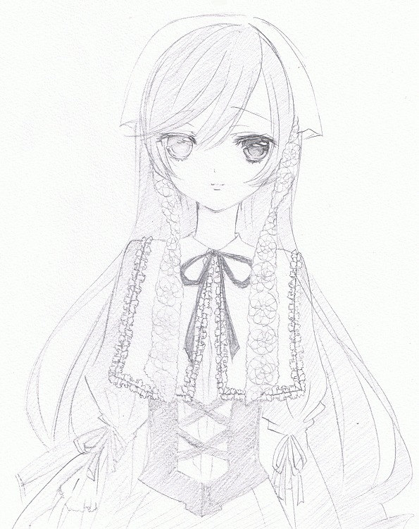 1girl dress frills greyscale image long_hair long_sleeves looking_at_viewer monochrome ribbon solo suiseiseki traditional_media very_long_hair white_background