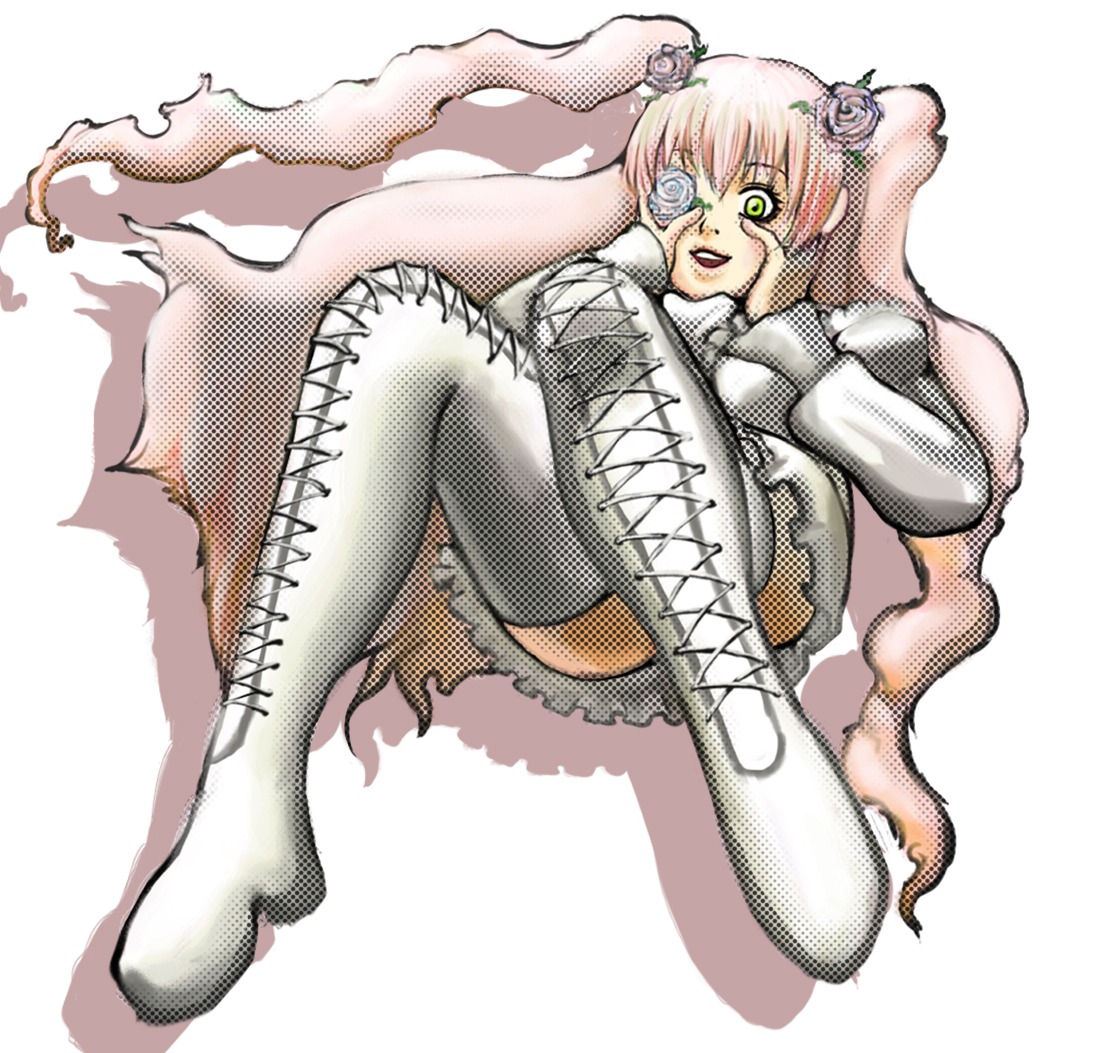 1girl boots cross-laced_footwear crossed_legs eyepatch fishnet_legwear fishnets flower hair_flower hair_ornament hands_on_own_face image kirakishou long_hair pink_hair rose sitting solo thigh_boots thighhighs twintails white_footwear