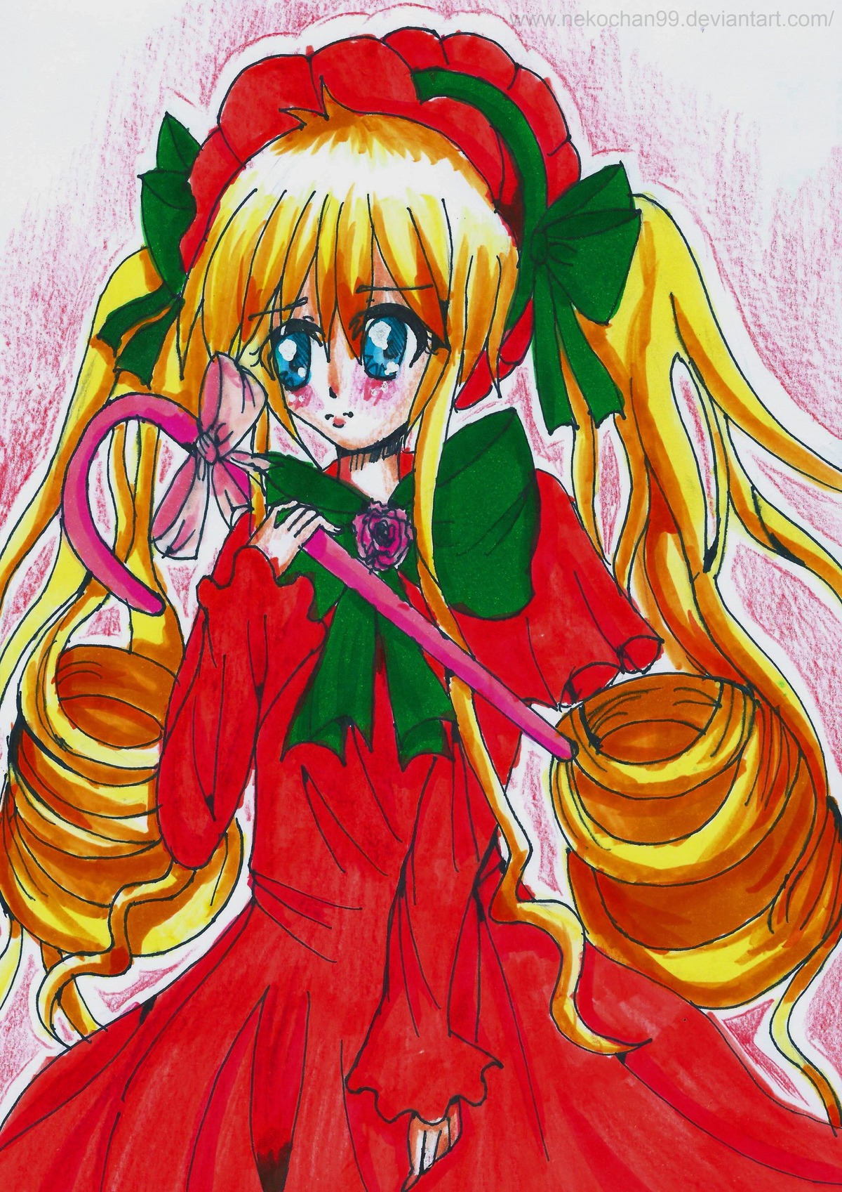 1girl blonde_hair blue_eyes bow bowtie cowboy_shot dress drill_hair flower green_bow image long_hair long_sleeves looking_at_viewer marker_(medium) red_dress rose shinku sidelocks solo torn_clothes traditional_media twintails very_long_hair