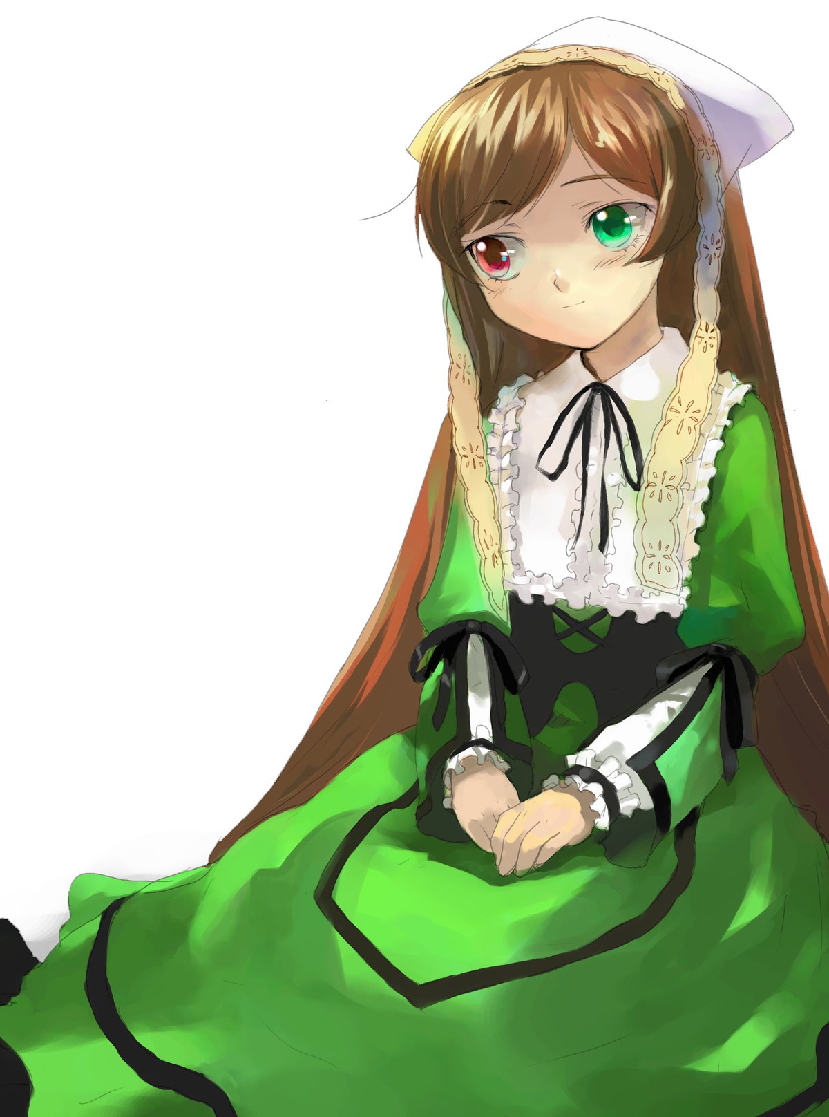 1girl black_ribbon brown_hair dress frills green_dress green_eyes head_scarf heterochromia image long_hair long_sleeves looking_at_viewer red_eyes ribbon simple_background solo suiseiseki very_long_hair white_background