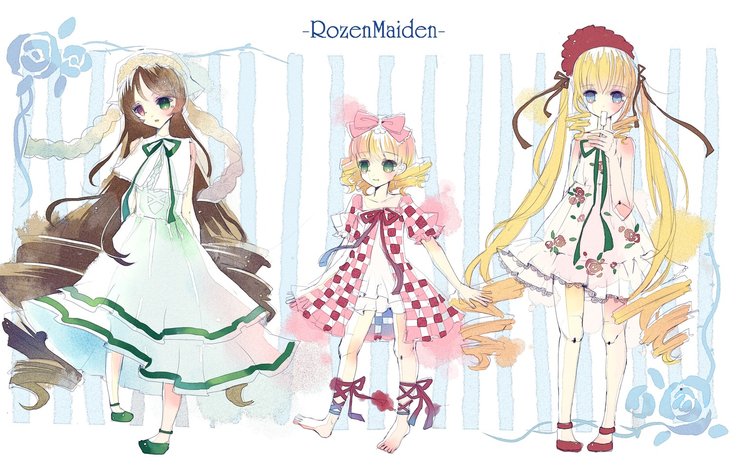 3girls barefoot blonde_hair blue_eyes blush bow brown_hair dress flower hair_ribbon heterochromia image long_hair long_sleeves looking_at_viewer multiple multiple_girls red_eyes red_footwear ribbon rose shoes smile tagme twintails very_long_hair