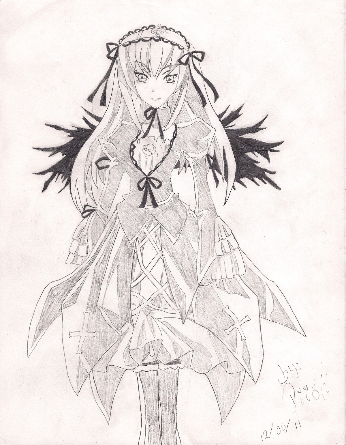 1girl dated dress flower frills greyscale hairband image long_hair long_sleeves looking_at_viewer monochrome ribbon rose signature solo standing suigintou traditional_media very_long_hair wings